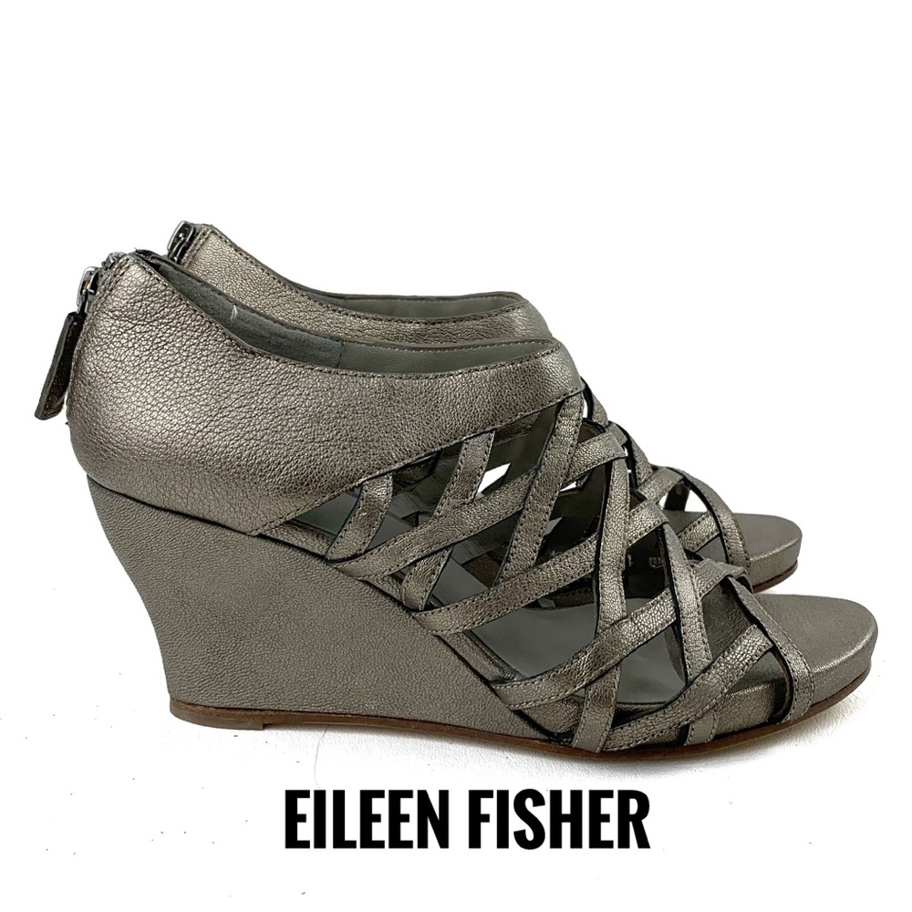 Eileen Fisher Sz 7.5 Metallic Caged Wedge Sandals